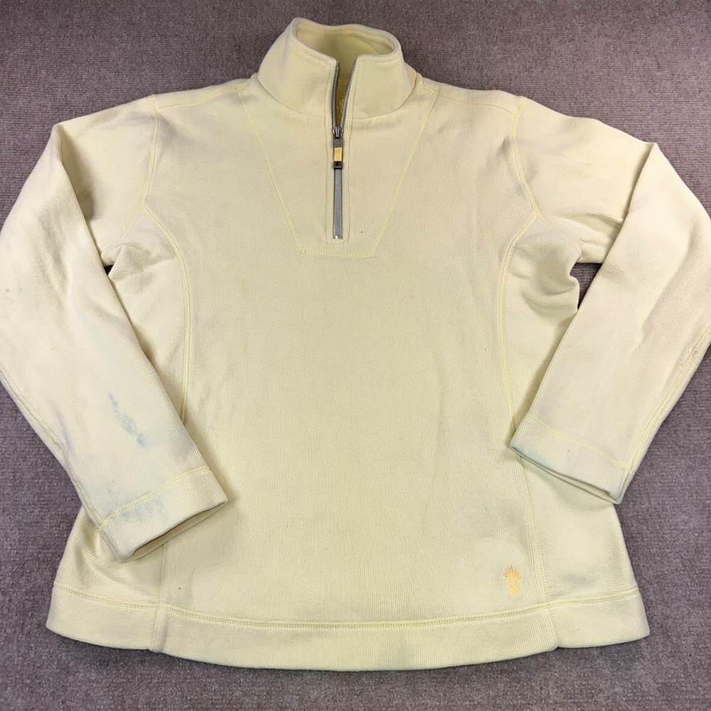 Tommy Bahama Womens Quarter Zip Pullover Yellow Ribbed Knit Pineapple Logo Small